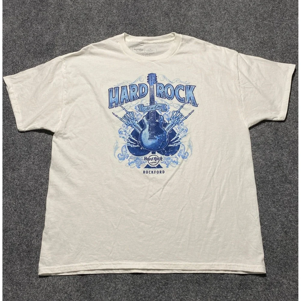 Hard Rock Casino Rockford Mens XL White Graphic T-Shirt Guitar Skeleton Spade - Picture 1 of 5